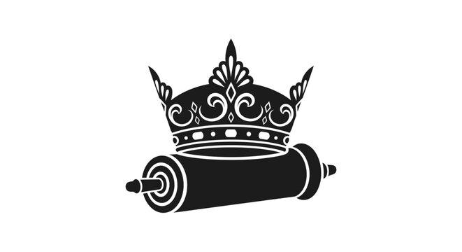Black and white vector icon of a Torah scroll with a royal crown.