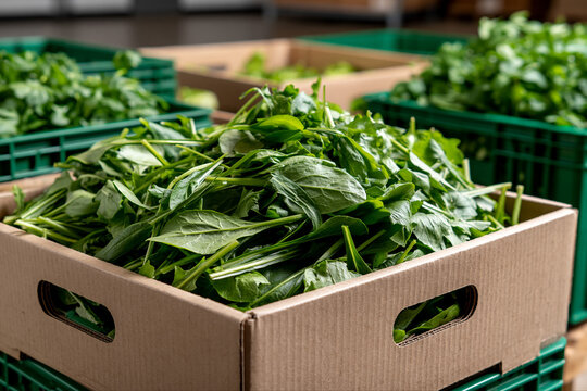 Fresh greens are packed in boxes for delivery