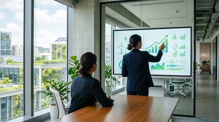 Fototapeta premium Two professional women in modern glass office room, presenting sustainable energy growth charts on large digital display screen