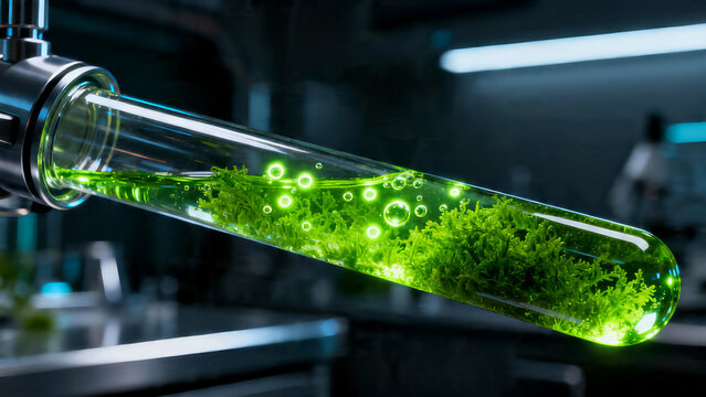 Glowing green algae in futuristic glass bioreactor tube