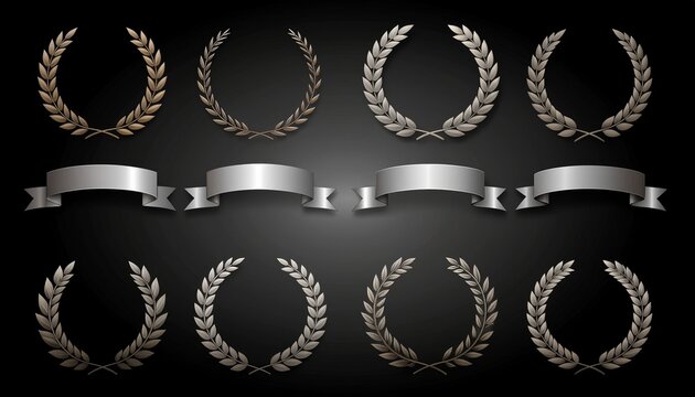 Silver ribbon laurel wreath set on black 黒背景の銀リボンバナーと月桂冠セット イラスト