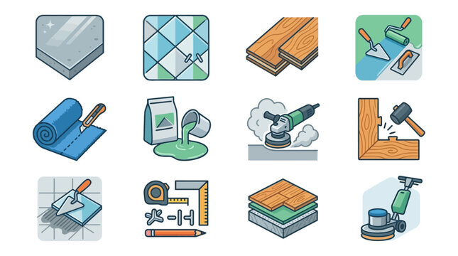 Minimalist Flat Set of 12 Colorful Construction and Flooring Tools and Materials with high quality professional line art symbols for modern creative design and digital branding projects