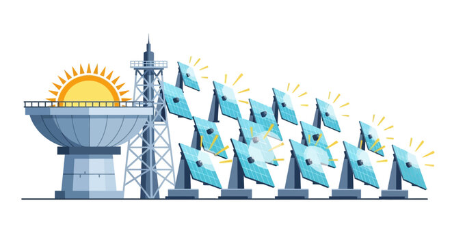Solar Thermal Power Plant Illustration with Heliostat Mirrors and Central Receiver for Renewable Energy Concepts