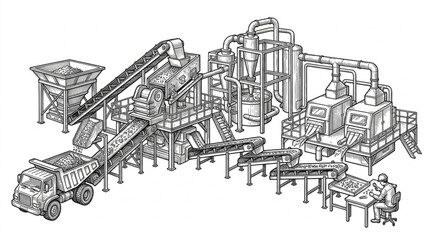 Fototapeta premium Industrial mining processing plant with conveyor belts and machinery.
