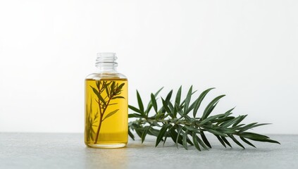 Fototapeta premium Close-up photo on a white backdrop of a glass bottle with yellow tea tree oil and small branches, beside a tea tree bush on a gray surface.