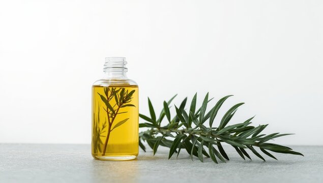 Close-up photo on a white backdrop of a glass bottle with yellow tea tree oil and small branches, beside a tea tree bush on a gray surface.