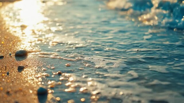 Sunlit waves glistening on sparkling sandy beach at sunset