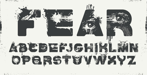 A vector art font for word-images FEAR with bull and human scull, streaks, and scratches. Capital Letters. The theme is horror, grunge, and urban. Madness, post-apocalypse, and underground. Punk poste © paseven