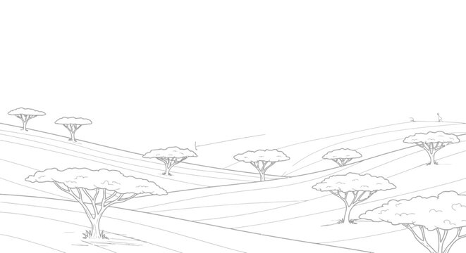 Minimalist African Savannah Landscape with Acacia Trees and Wild Animals