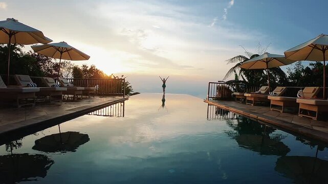 Wide resort pool scene with lone figure holding arms raised beside horizon line, mirrored water, lounge chairs, patio umbrellas, tropical plants, warm sunset light, and serene upscale getaway mood