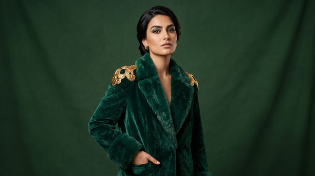 Elegant woman in emerald blazer standing confidently against green backdrop