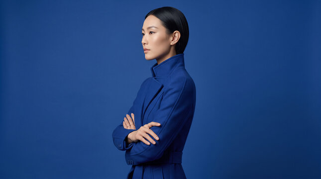 Professional woman in blue blazer standing in profile against blue background
