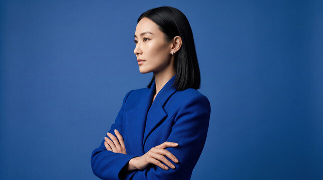 Professional woman in blue blazer with arms crossed against blue background