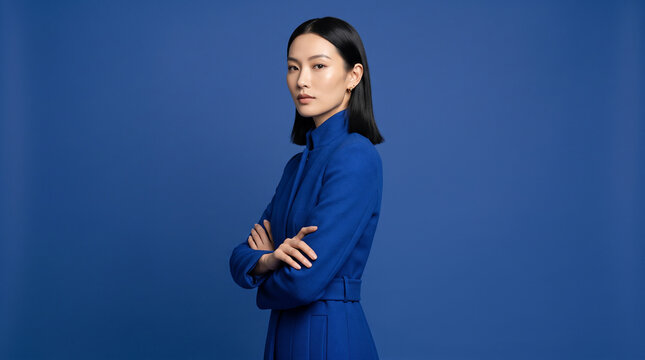 Professional woman in blue dress standing confidently against blue background