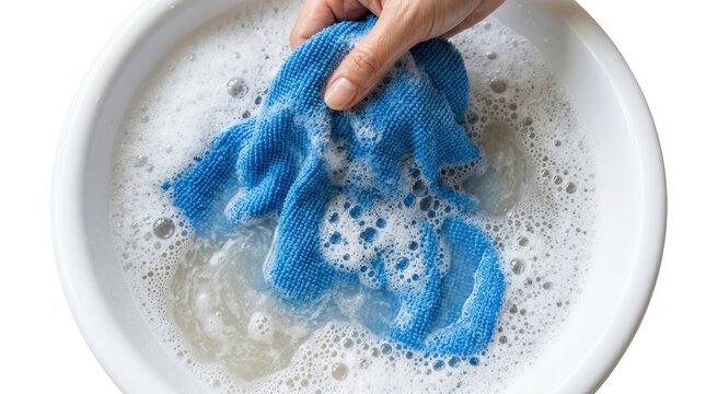 Hand washing blue microfiber cloth in white basin with soapy water top view of cleaning rag in soapy foam isolated on white background