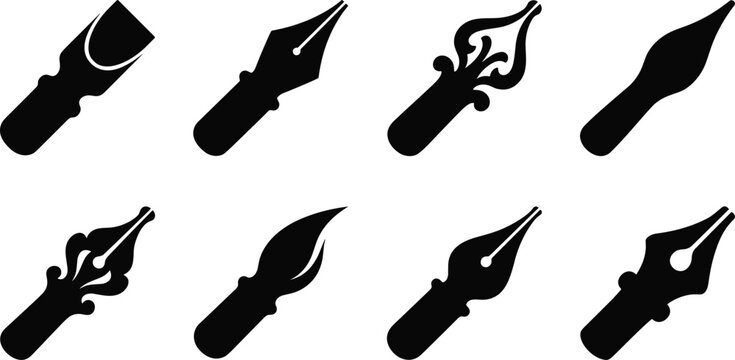 Calligraphy Pen Nib Silhouette Vector Collection with Fountain Pen and Ink Writing Tips
