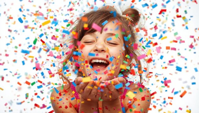 Image of a lovely girl releasing vibrant confetti for a celebration on a clear background. PNG format.