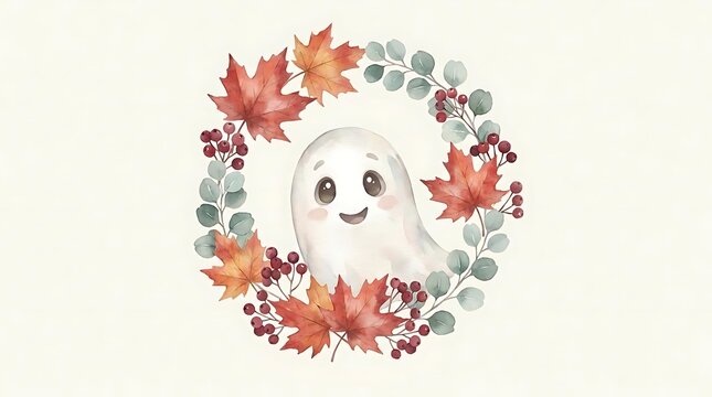 Cute ghost character in autumn leaf wreath illustration