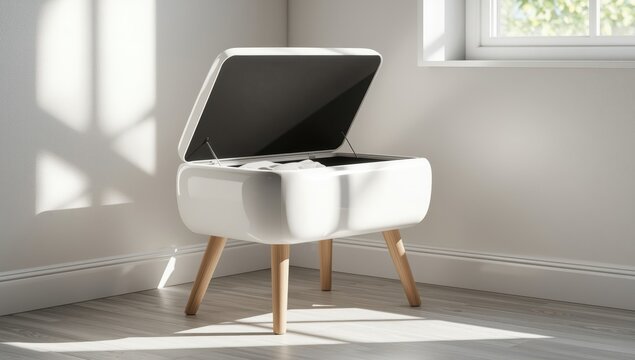 A chic storage seat with a flip-top, blending practicality and contemporary style, equipped with light wood legs and a smooth white surface, ideal for any area.