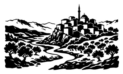 Obraz premium Hilltop village with olive trees and winding road in mountain landscape stencil style
