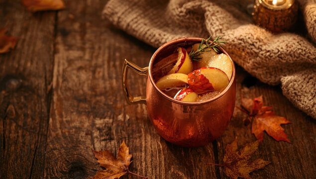 Copper mug filled with an apple Moscow Mule on rustic wood. Spiced cider with honey, apple slices, thyme, and a cinnamon stick. Warm autumn night. Beverage photography.