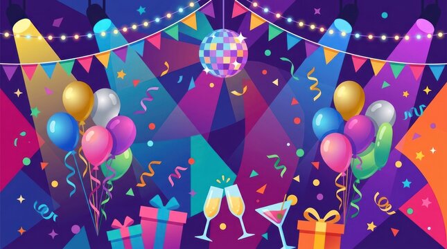 A vibrant party scene with balloons, streamers, and a disco ball in a colorful, abstract background.
