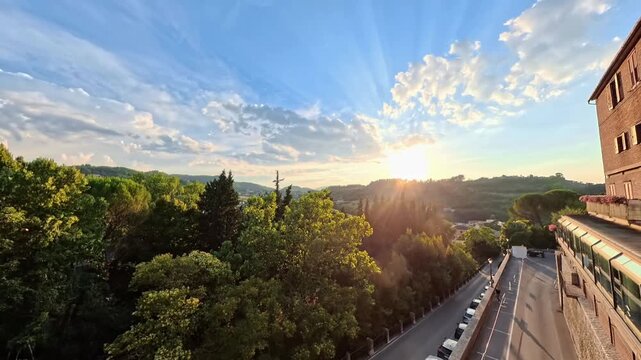 Time lapse of clouds flowing above Spoleto, Umbria, Italy - Sunset
