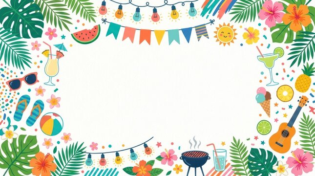 A colorful summer-themed frame with tropical leaves, cocktails, and beach accessories.