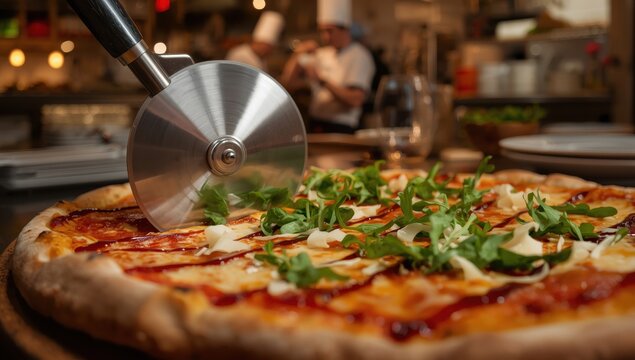 Zoomed-in view of a pizza wheel cutting a gourmet Italian pizza with arugula, parmesan, and balsamic drizzle.