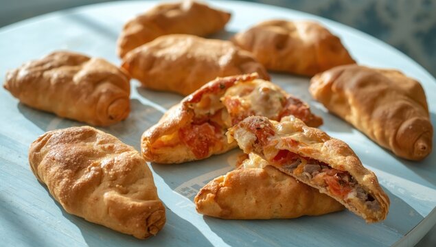Delicious calzones filled with cheese and various toppings on a pale blue wooden surface, close-up.