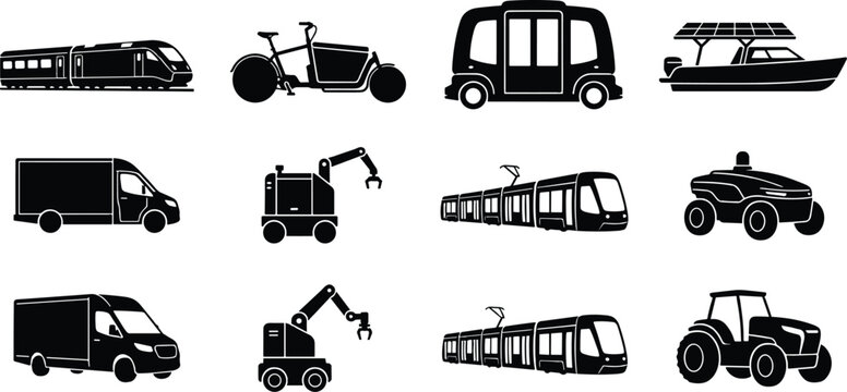 Modern Transport Vehicle Silhouette Collection with Train Tram Van Tractor and Utility Vehicles