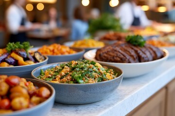 Obraz premium Abundant self-service buffet of diverse vibrant dishes ready for serving in a well-lit restaurant setting, promoting healthy and appealing dining.