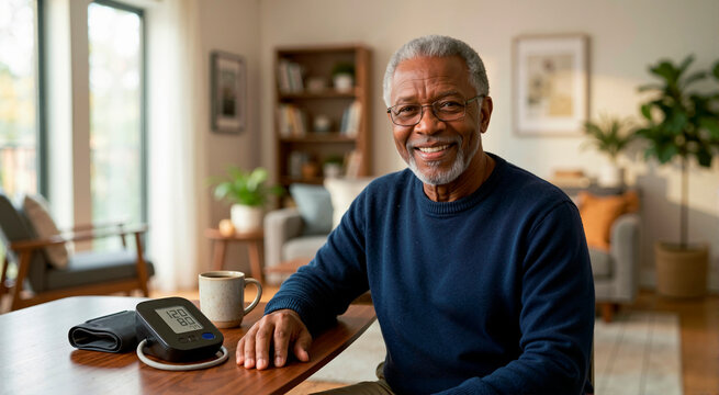 Confident senior African American man with a normal blood pressure reading. Elderly male smiling at home with a health monitor. Cardiovascular wellness concept