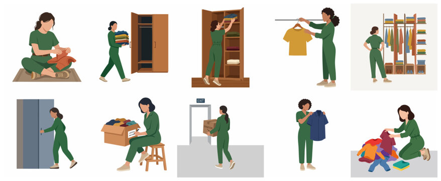 Flat vector illustration set of women organizing wardrobe, folding laundry, and sorting clothes for charity donation