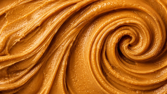 Creamy peanut butter swirl texture with smooth glossy surface in a macro food background.
