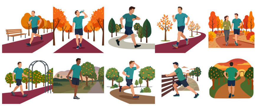 Collection of vector illustrations depicting healthy lifestyle activities, including men jogging, stretching, and walking in parks and nature during autumn and sunset.