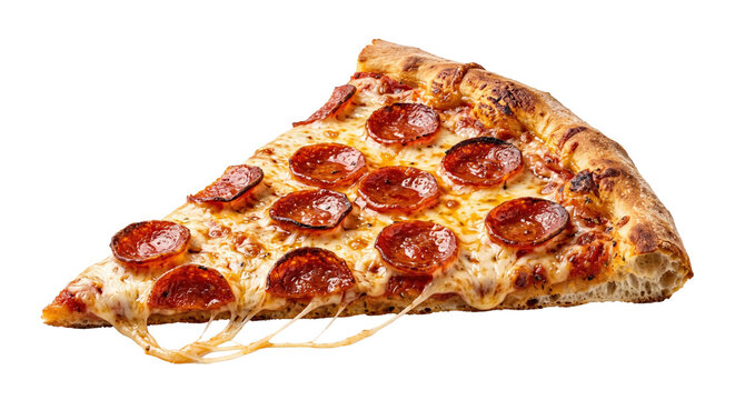 Delicious cheesy pepperoni pizza slice with cheese pull