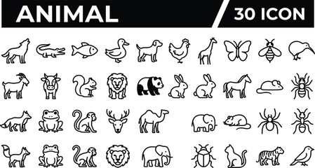 Wild and domestic animal line icon set featuring lion elephant monkey panda wolf frog butterfly giraffe linear vector design © MdAll