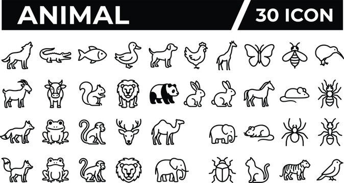 Wild and domestic animal line icon set featuring lion elephant monkey panda wolf frog butterfly giraffe linear vector design