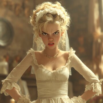 Angry animated bride character in vintage wedding dress with furious expression, 3D cartoon illustration