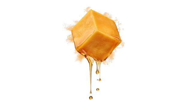 A square piece of golden caramel candy with thick sweet syrup dripping and splashing against a solid black background, for food