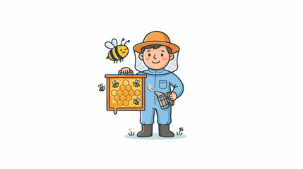 Obraz premium Cartoon Illustration of a Happy Beekeeper Holding a Honeycomb Frame.