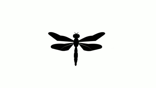 Minimalist dragonfly silhouette flying animation isolated on white background, insect