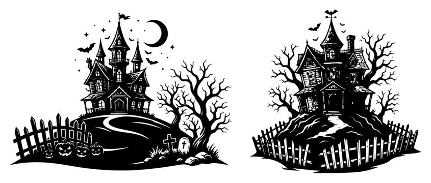 Haunted mansions on a hill with cemetery and crescent moon in spooky black and white silhouette style