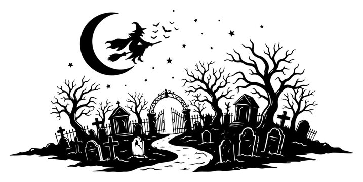 Witch flying over spooky graveyard with tombstones and dead trees in black and white vector style