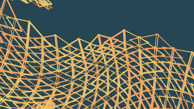 Abstract geometric wireframe mesh with orange and yellow interconnected lines forming a wave pattern on a dark blue background