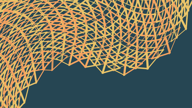 Abstract geometric wireframe mesh with orange and yellow interconnected lines forming a wave pattern on a dark blue background