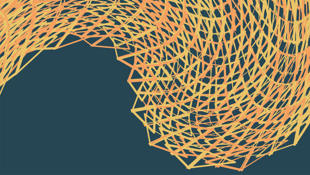 Abstract geometric wireframe mesh with orange and yellow interconnected lines forming a wave pattern on a dark blue background