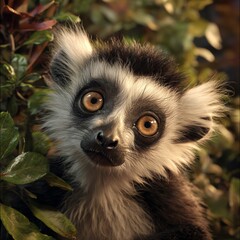 Naklejka premium Close-Up of Fluffy Lemur Face with Big Golden Eyes in Foliage, Wildlife Photography