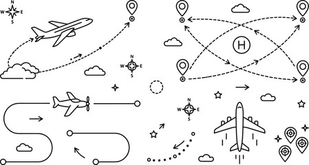 Aviation and Travel Vector Set featuring Airplanes Flight Routes Map Pins Compass and Clouds Line Art Icons for Tourism Infographics and Logistics Designs © Yousuf